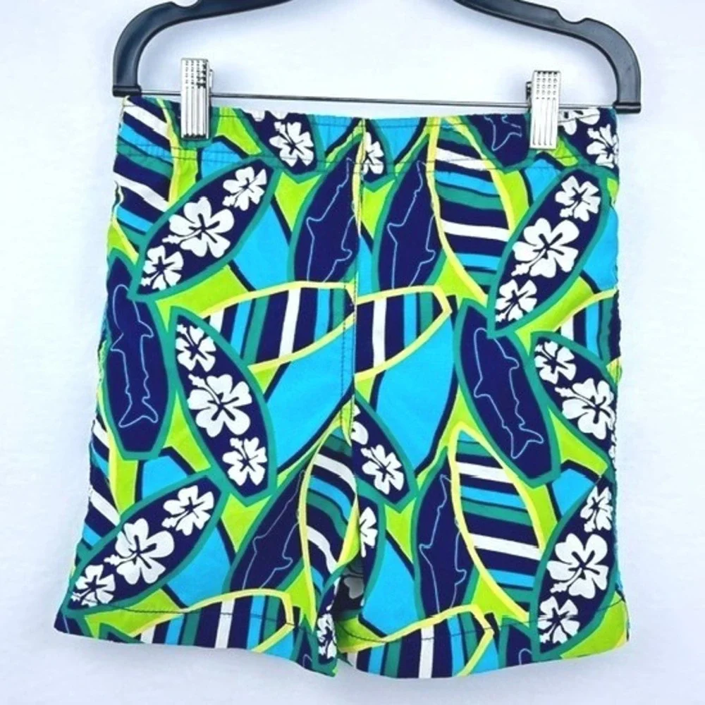 J-Khaki Boys Blue Green Surfboard Hibiscus Shark Print Swim Trunks Size 5